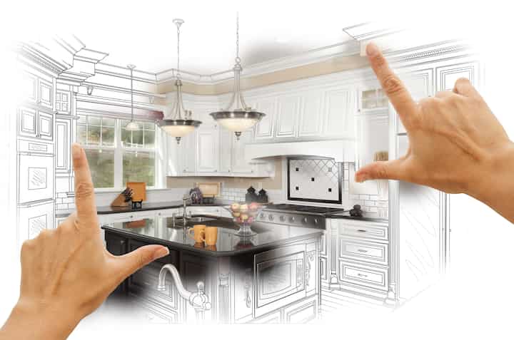 A kitchen renovation design with an open floor plan, featuring a large island and modern appliances in Redding